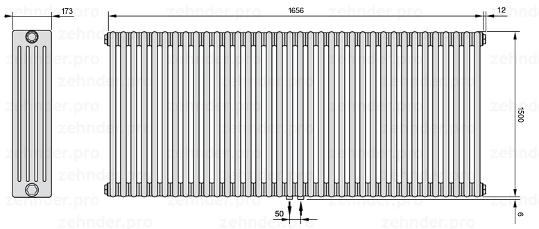 Схема (чертеж) Радиатор Zehnder Charleston 5150/36 №5410 Белый глянцевый RAL 9016